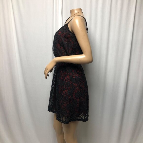 Studio Y Dress Womens Size Small Black Sequin Lace Overlay Red Lining Short NEW - Picture 3 of 8
